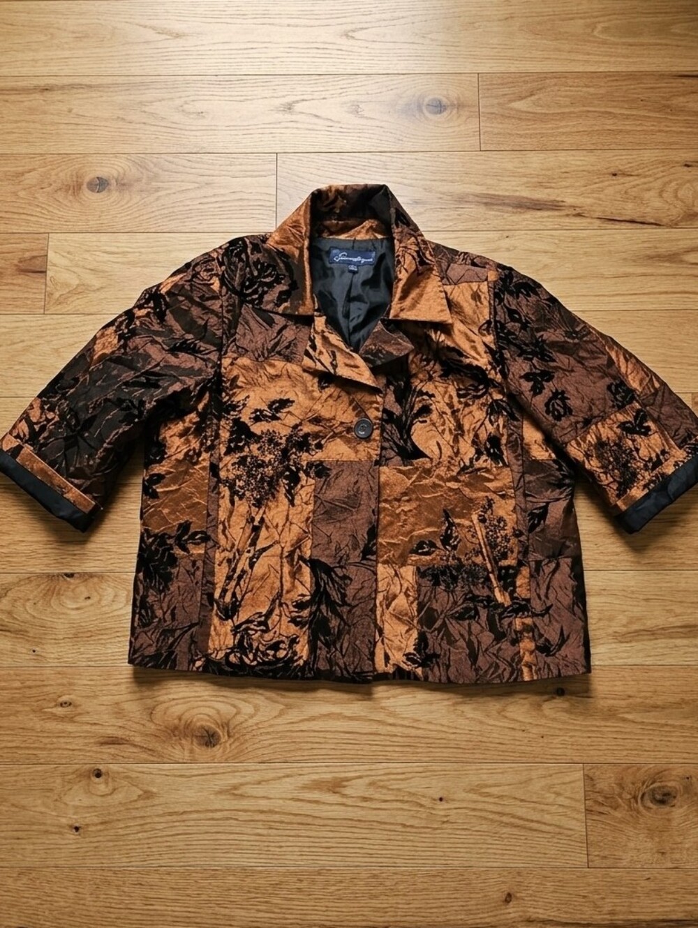 Women's Shimmery Copper & Black Velvet Burnout Patchwork Jacket Sz XL